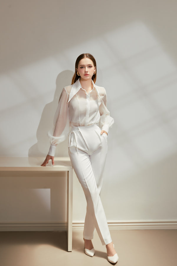 Zira Set - Áo Sơmi Tơ Tay Phồng Cổ Bè & Quần dài Ống Đứng Cách Điệu Nơ Eo
