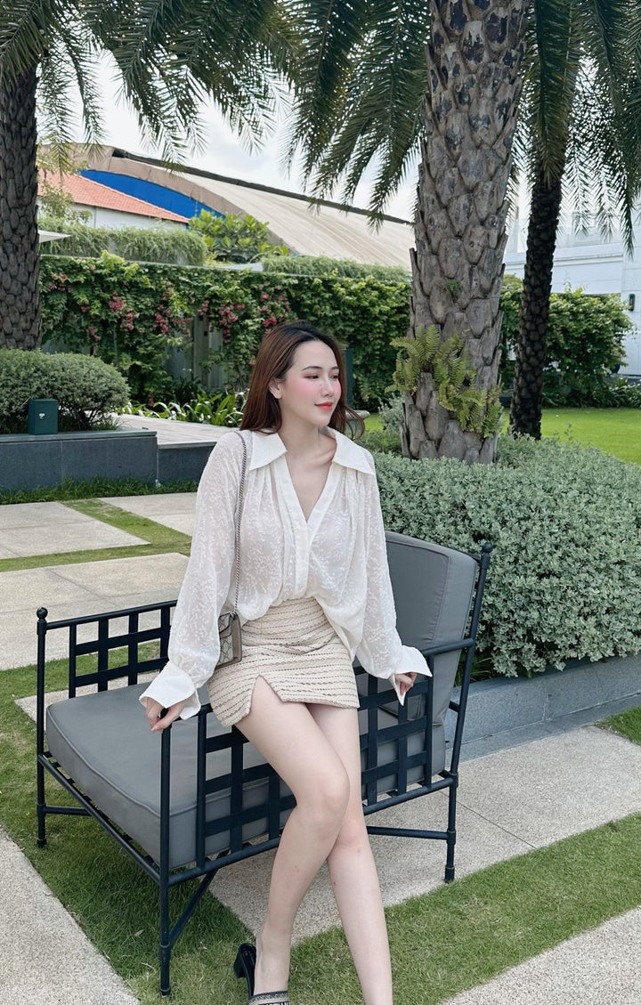 DARLING DIVA Áo rũ tay phồng dây cổ & chân váy chữ A xẻ tà Dream Set