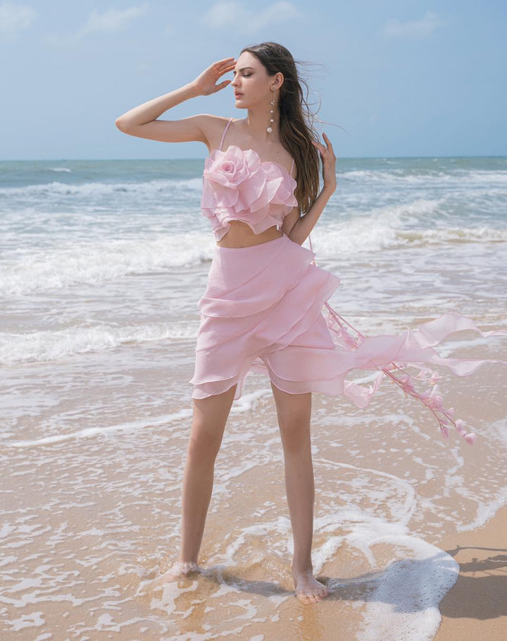 DARLING DIVA Rose Layered Ruffled Organza Top & A-line Skirt