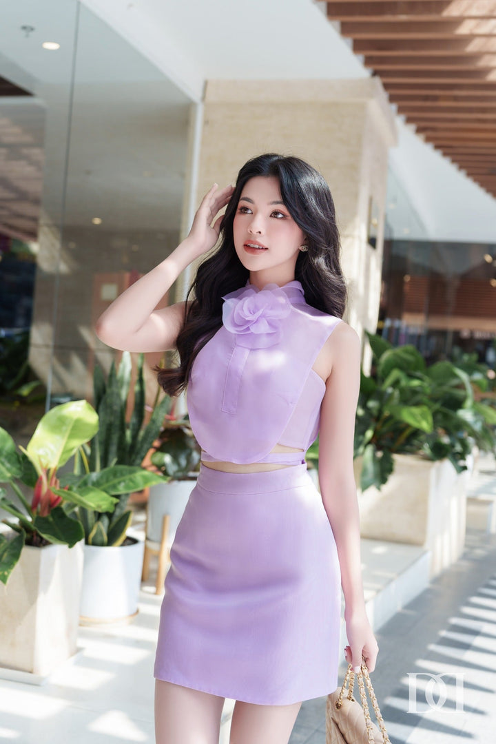 DARLING DIVA Áo hoa nơ cổ croptop & Váy chữ A ngắn Kazuha Set