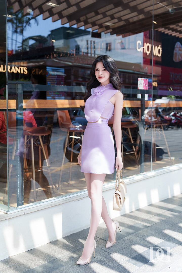 DARLING DIVA Áo hoa nơ cổ croptop & Váy chữ A ngắn Kazuha Set