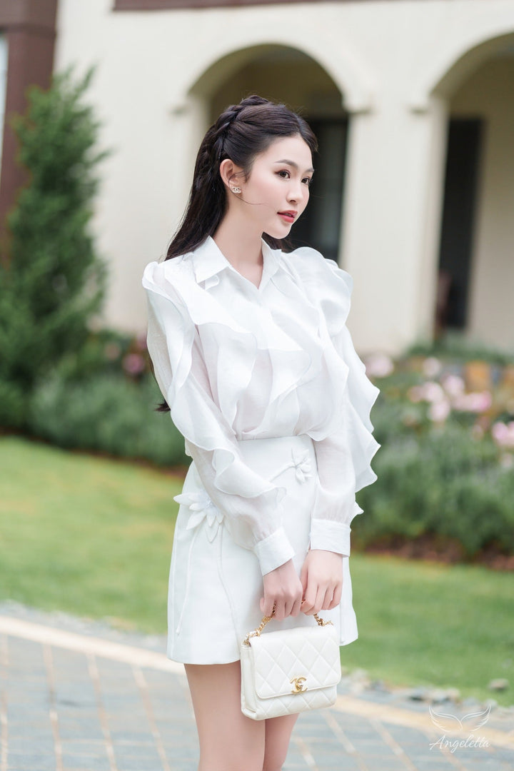Angeletta Áo sơ mi tay phồng bèo rũ & Chân váy chữ A đính hoa Mila Set