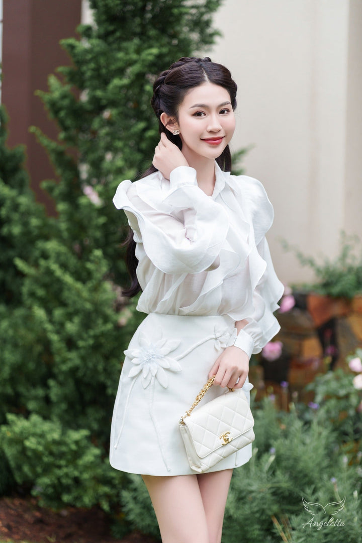 Angeletta Áo sơ mi tay phồng bèo rũ & Chân váy chữ A đính hoa Mila Set