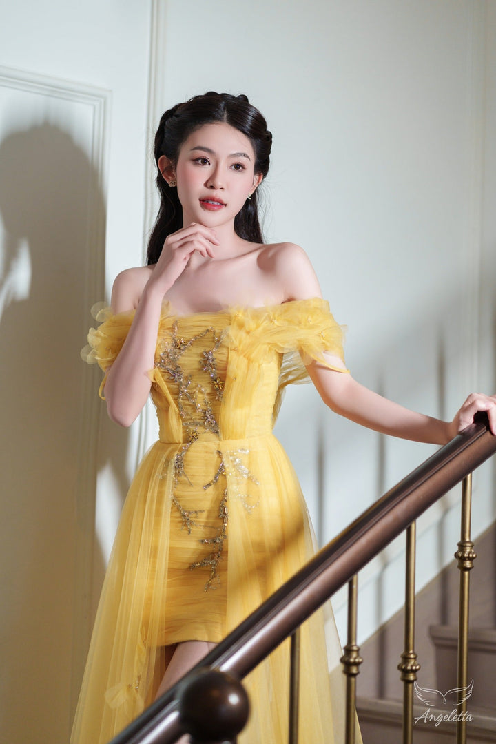 Angeletta Đầm dáng chữ A tà dài trễ vai đính hoa thủ công Elena Dress