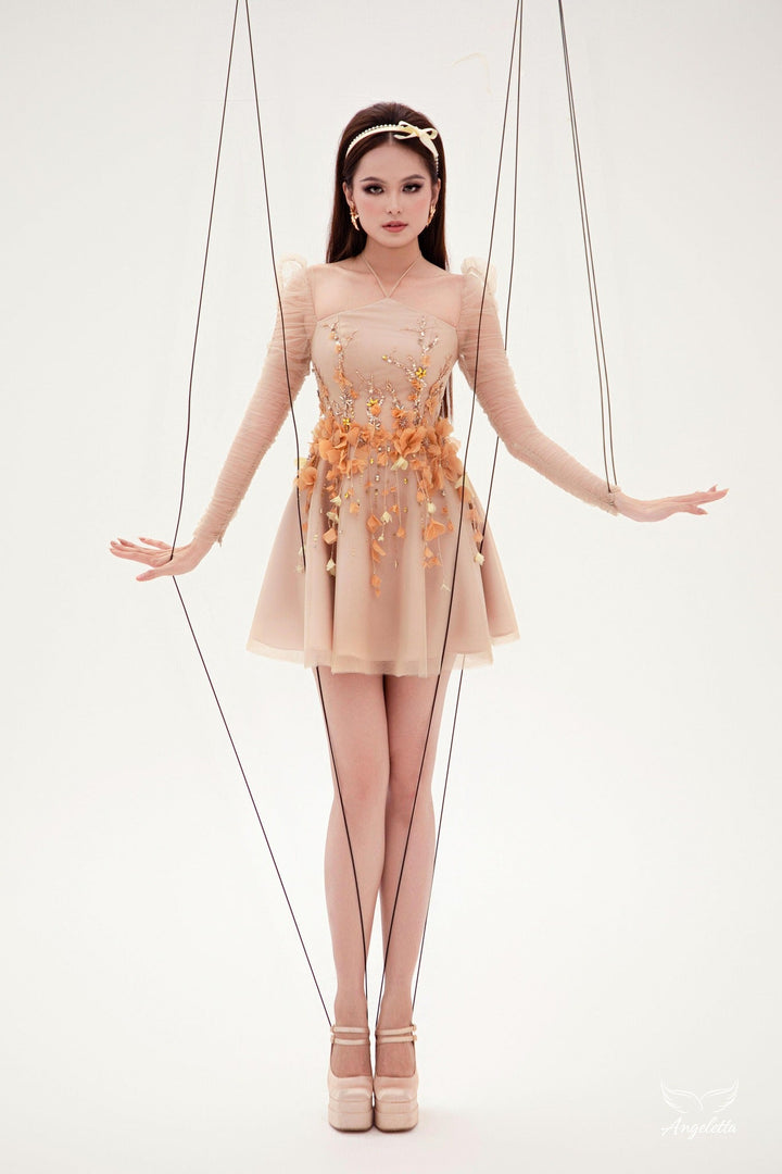 Angeletta Đầm tay dài dáng chữ A đính hoa 3D Canary Dress