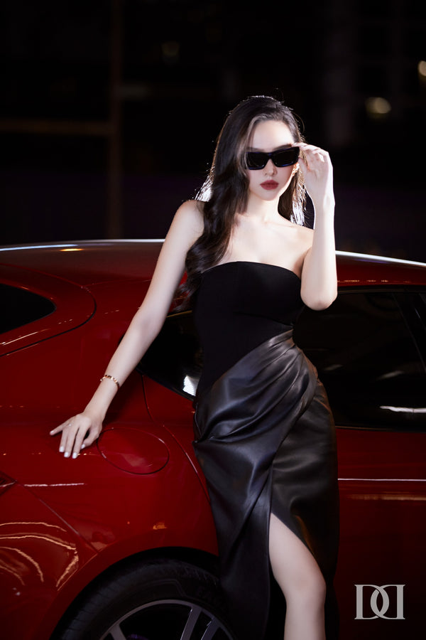 Lanim Dress - Đầm Midi Cúp Ngực Phối Da Xẻ Tà