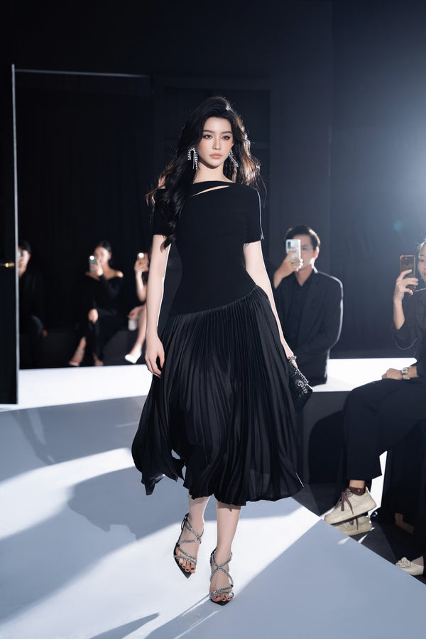 Alina Dress - Đầm Midi Cổ Thuyền Lệch Vai Xếp Ly