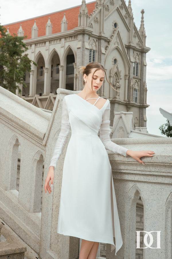Dhotra Dress - Đầm Midi Lệch Vai Tay Dài Vạt Xéo Xẻ Tà