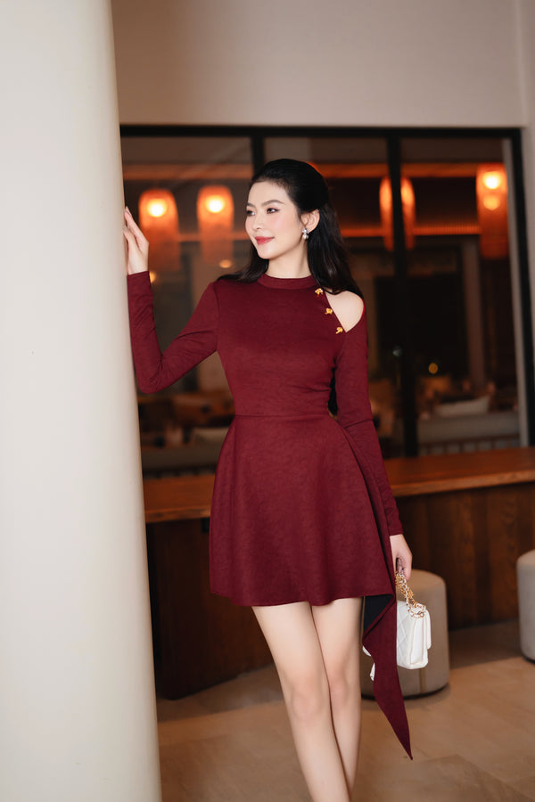 Limsi Dress - Đầm Mini Tay Dài Cổ Tròn Tà Bất Cân Xứng