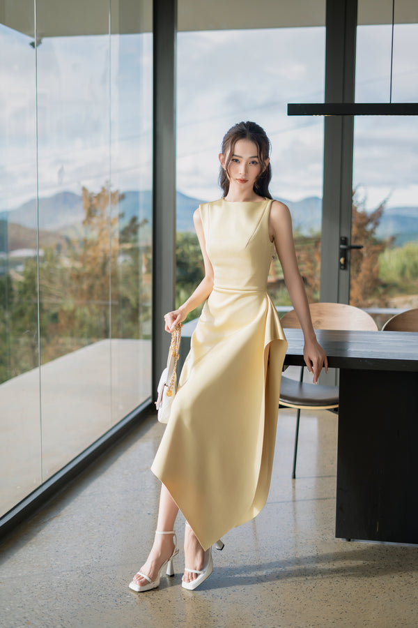Vini Dress - Đầm Midi Cổ Thuyền Vạt Xéo Trơn Thanh Lịch