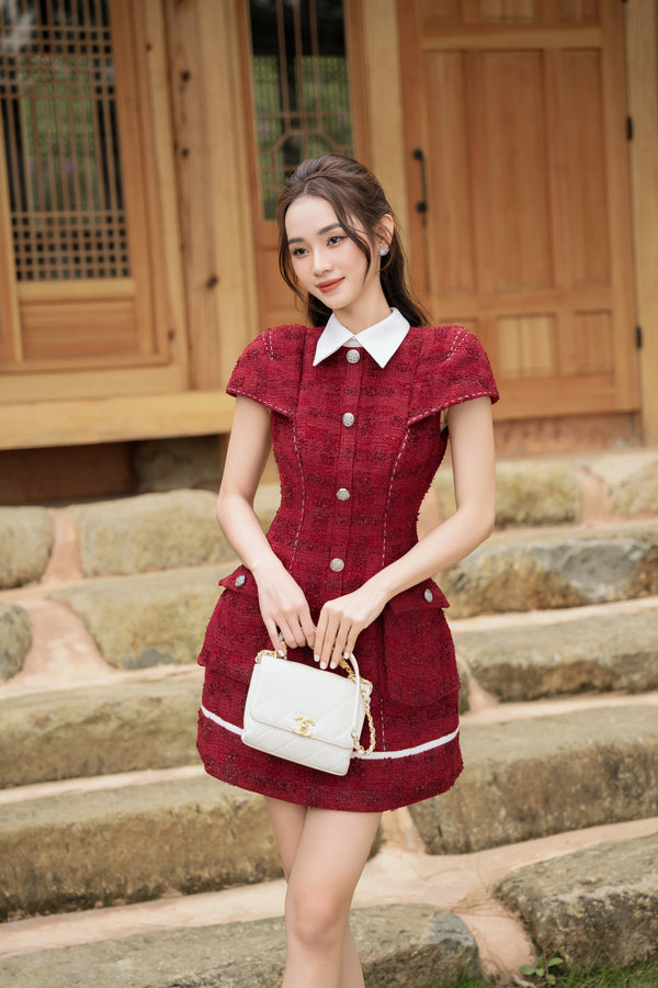 Valisa Dress - Đầm Midi Cổ Sơmi Tay Ngắn Dáng Chữ A Đính Nút Nổi