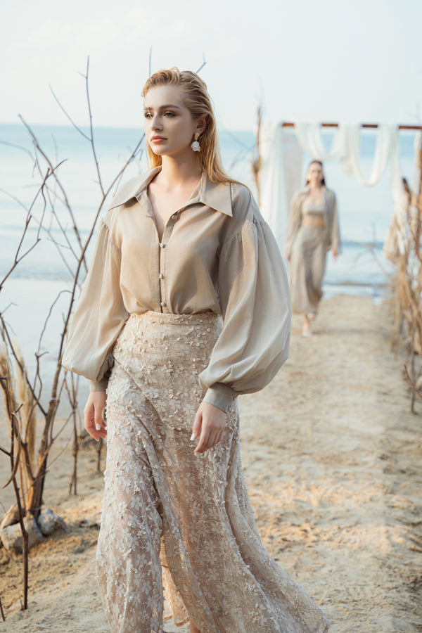 Zanna Set - Áo Sơmi Tay Phồng Dáng Suông & Chân Váy Midi Đuôi Cá