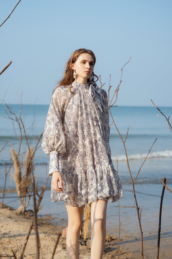 Tomye Dress -  Đầm mini vải lanh tay phồng thả eo
