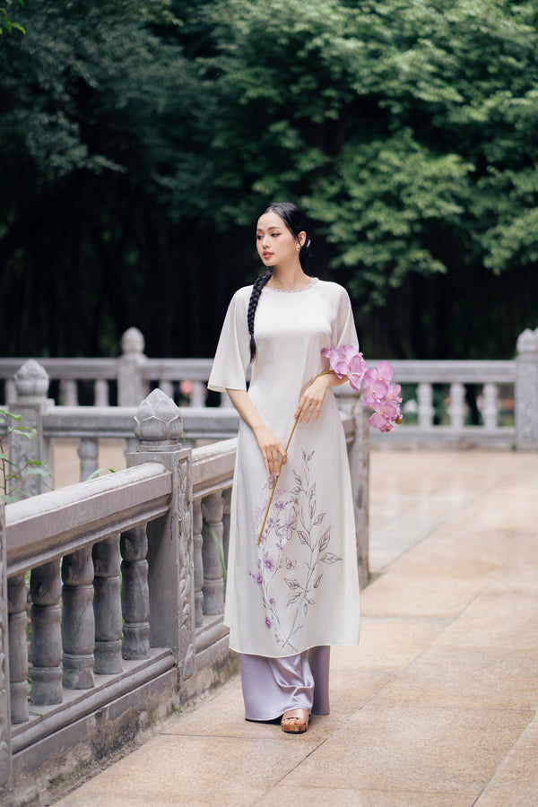 Áo dài Châu Đan - Áo dài tay lỡ đính kết dáng suông & Quần áo dài trơn