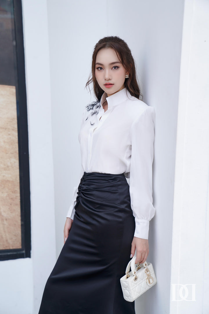 DARLING DIVA Áo tay phồng đệm vai đính kết họa tiết cách điệu & Chân váy đuôi cá nhún Gina SET