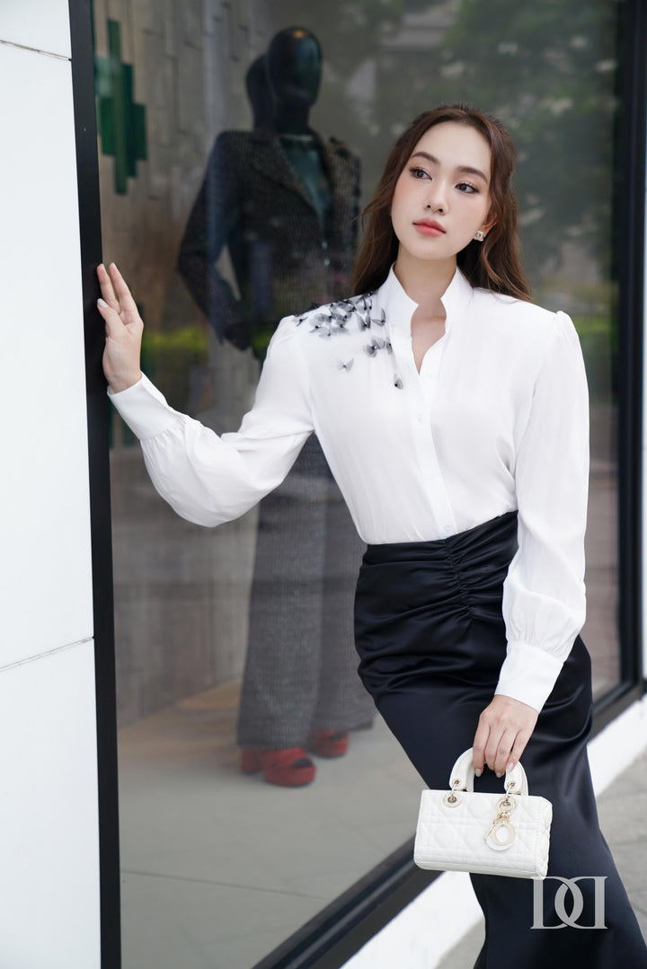 DARLING DIVA Áo tay phồng đệm vai đính kết họa tiết cách điệu & Chân váy đuôi cá nhún Gina SET