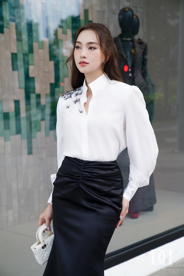 DARLING DIVA Áo tay phồng đệm vai đính kết họa tiết cách điệu & Chân váy đuôi cá nhún Gina SET