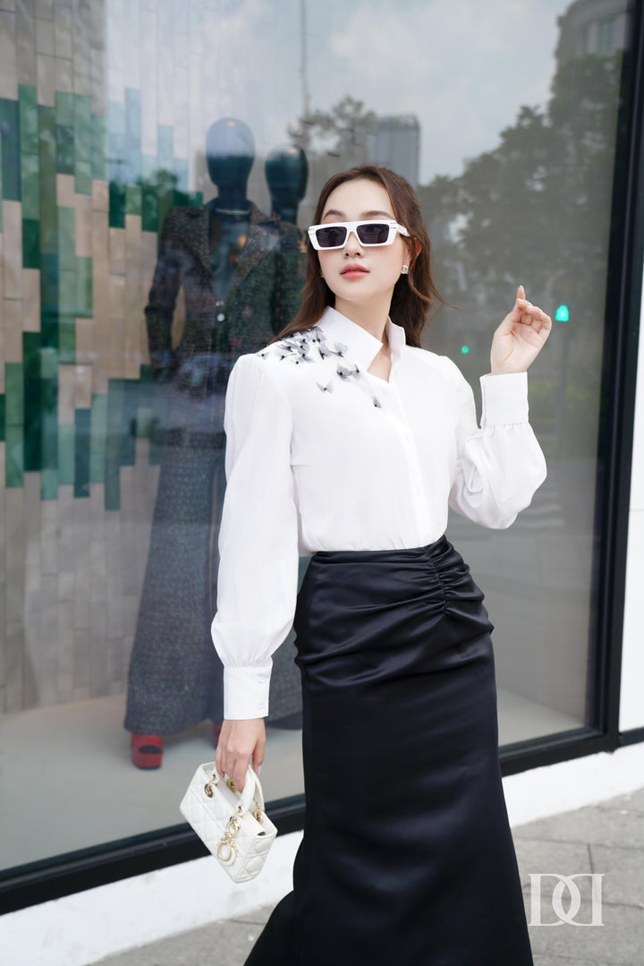 DARLING DIVA Áo tay phồng đệm vai đính kết họa tiết cách điệu & Chân váy đuôi cá nhún Gina SET