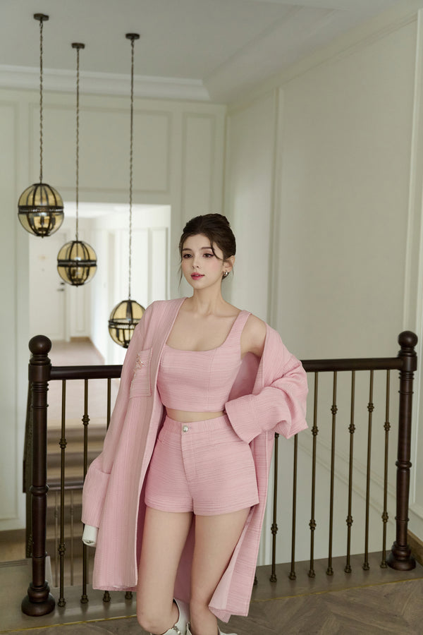 Berry Set - Áo Choàng Midi Suông & Áo Hai Dây Dáng Crop-top & Quần Ngắn Dáng Ôm