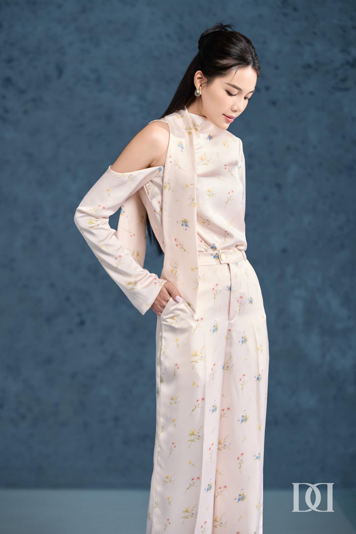 DARLING DIVA Áo Tay Dài Khoét Một Bên Vai & Quần Ống Suông Rộng Isola Set