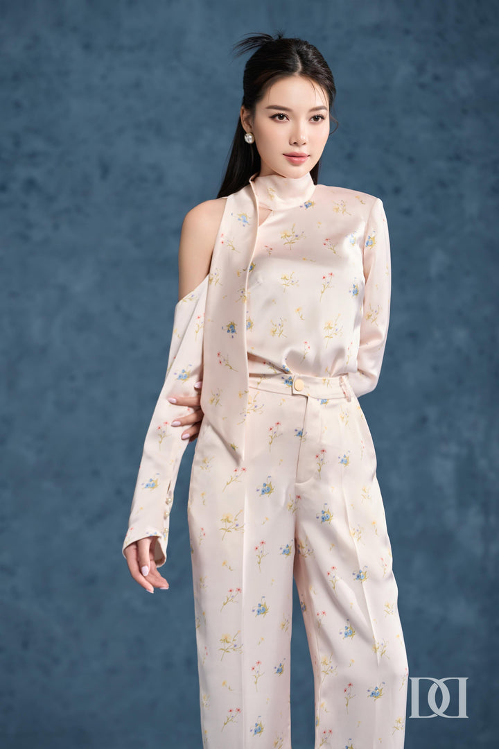 DARLING DIVA Áo Tay Dài Khoét Một Bên Vai & Quần Ống Suông Rộng Isola Set