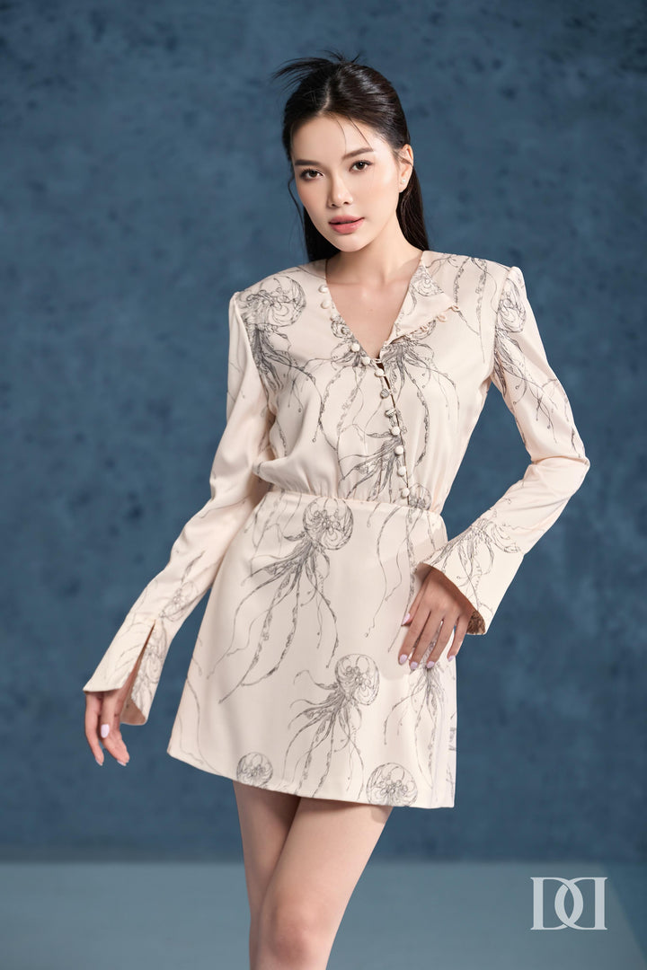DARLING DIVA Đầm Tay Dài Cổ V Đính Nút Xéo Phom Dáng Chữ A Sang Trọng Kalie Dress