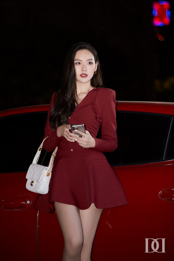 Krysie Dress - Đầm Mini Độn Vai Tay Dài Cổ V Đính Nút Nổi Dáng Xòe