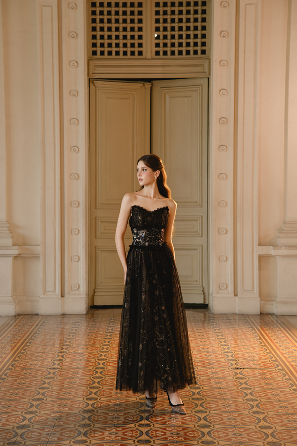 JANDO DRESS - Đầm Dạ Hội Đen Quý Phái Đính Họa Tiết Ánh Kim Lấp Lánh