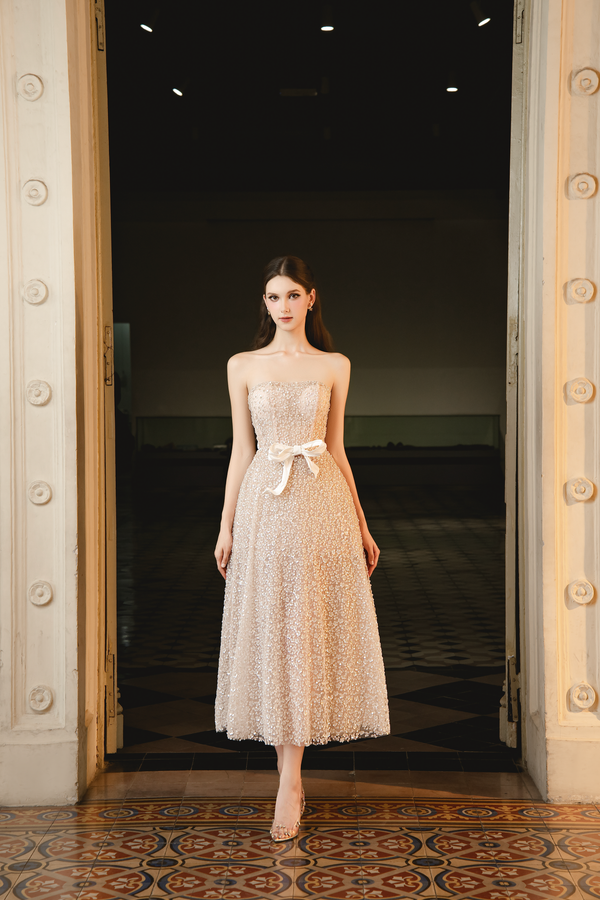 HARDING DRESS - Đầm Dài Ánh Bạc Lấp Lánh Dáng Cúp Ngực Đính Nơ Lụa
