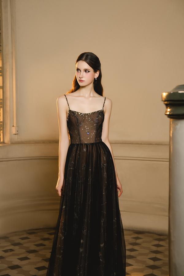 DELIN DRESS - Đầm Dài Đen Xuyên Thấu Đính Sequin Sang Trọng