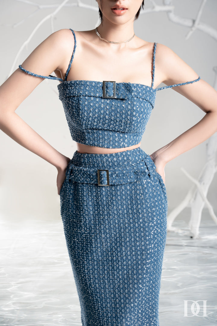 DARLING DIVA Áo hai dây crop-top & Chân Váy Midi Bút Chì Lamie Set