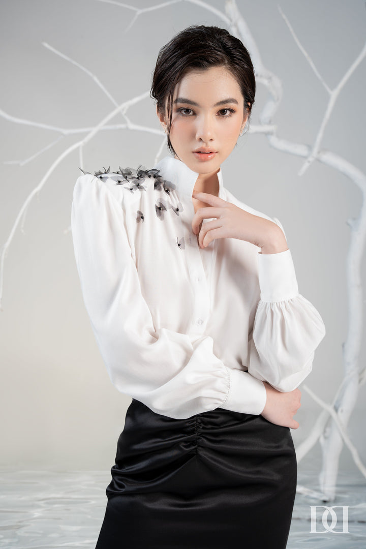DARLING DIVA Áo tay phồng đệm vai đính kết họa tiết cách điệu & Chân váy đuôi cá nhún Gina SET