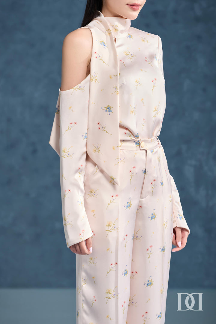 DARLING DIVA Áo Tay Dài Khoét Một Bên Vai & Quần Ống Suông Rộng Isola Set