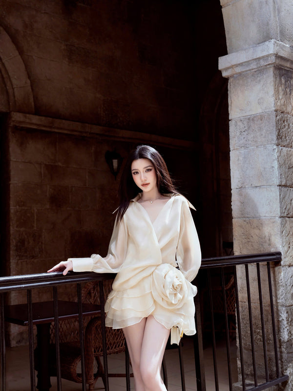 VIVIE SET - SET ÁO VÁY LỤA TẠO HÌNH HOA HỒNG MÀU NUDE THANH LỊCH