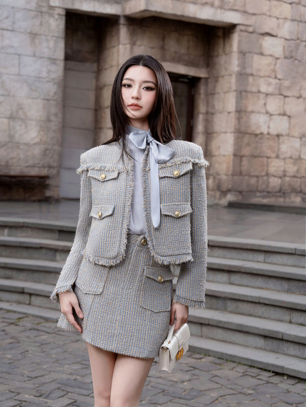 WALYN SET & TYLA TOP - SET ÁO VEST, ÁO TRONG THẮT NƠ & CHÂN VÁY CHỮ A CHẤT LIỆU TWEED CAO CẤP