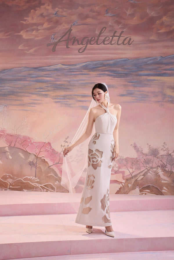 HILARY DRESS - ĐẦM CỔ YẾM PHỐI HỌA TIẾT HOA HỒNG CẮT LASER