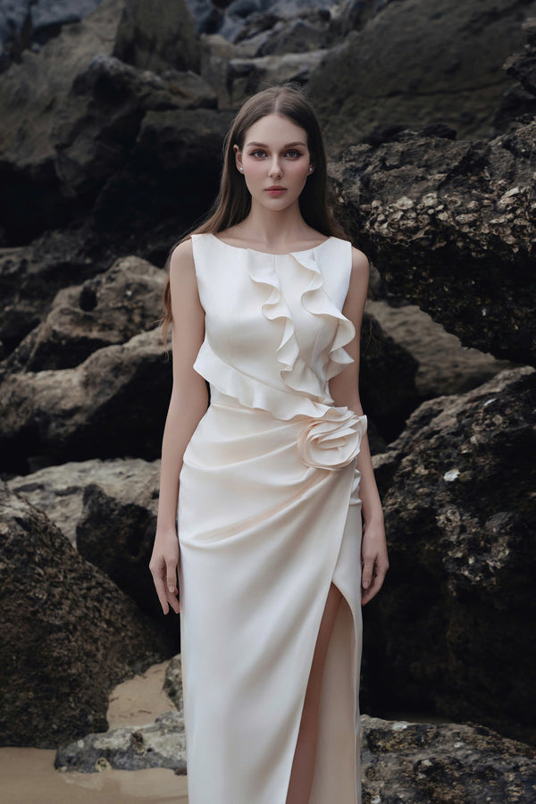 AINE DRESS – ĐẦM DÀI KHÔNG TAY DÁNG ÔM PHỐI NHÚN RÚM & HOA EO