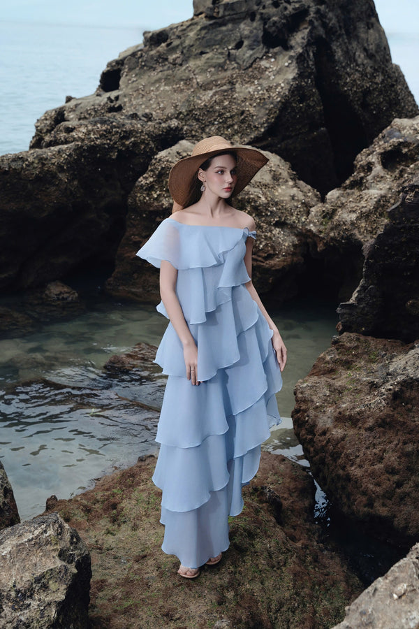 JOANA DRESS – ĐẦM DÀI LỆCH VAI PHỐI TẦNG BỒNG XẾP LỚP MỀM MẠI