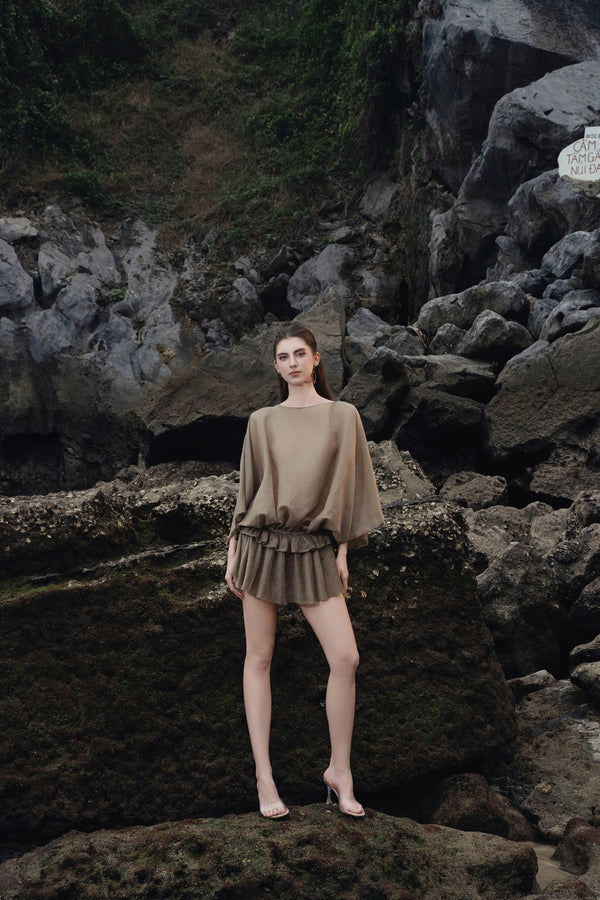 CARLOS DRESS – ĐẦM DÁNG RỘNG PHỐI TÀ BỒNG NHÚN LY NGẮN