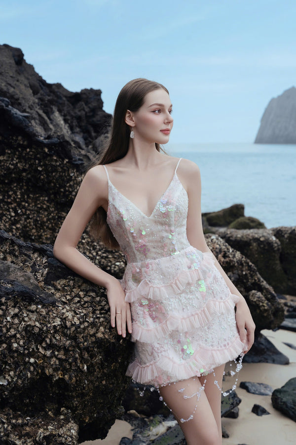 JADE DRESS – ĐẦM 2 DÂY DÁNG NGẮN, PHỐI SEQUIN VÀ TUA RUA NHẸ NHÀNG