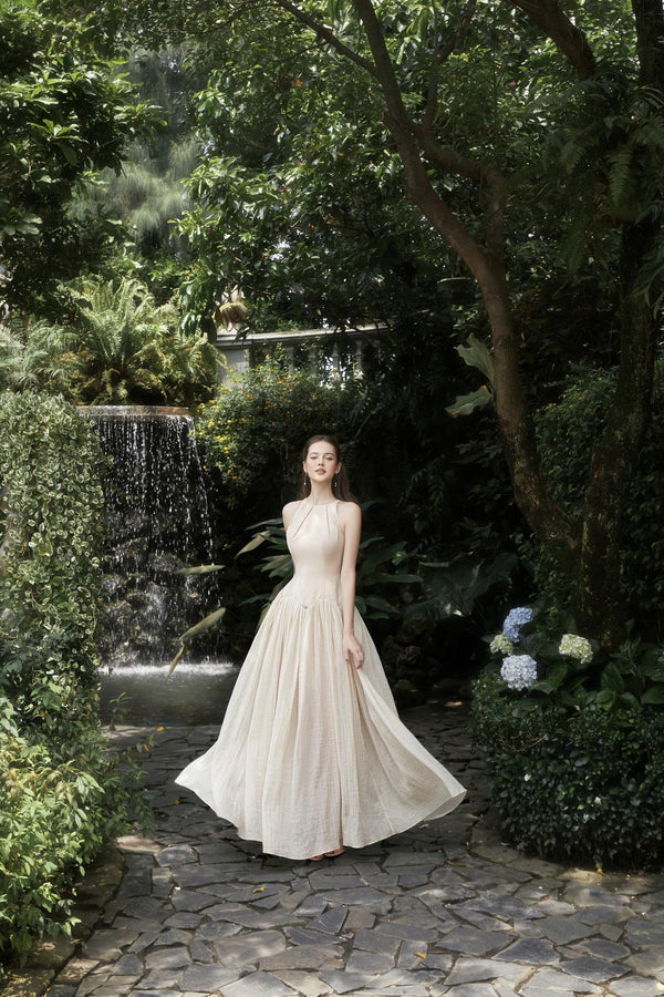 KELBIN DRESS - Đầm Maxi Kem Dáng Dài Thướt Tha Cổ Yếm