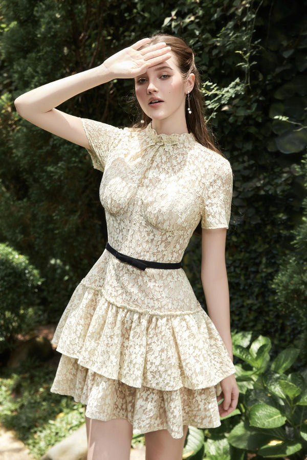 TIZI DRESS - Đầm Xanh Pastel Ren Ngắn Dáng Xếp Tầng Xòe Thanh Lịch