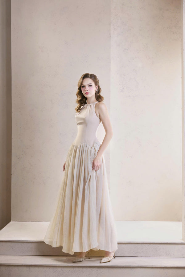 KELBIN DRESS - Đầm Maxi Kem Dáng Dài Thướt Tha Cổ Yếm