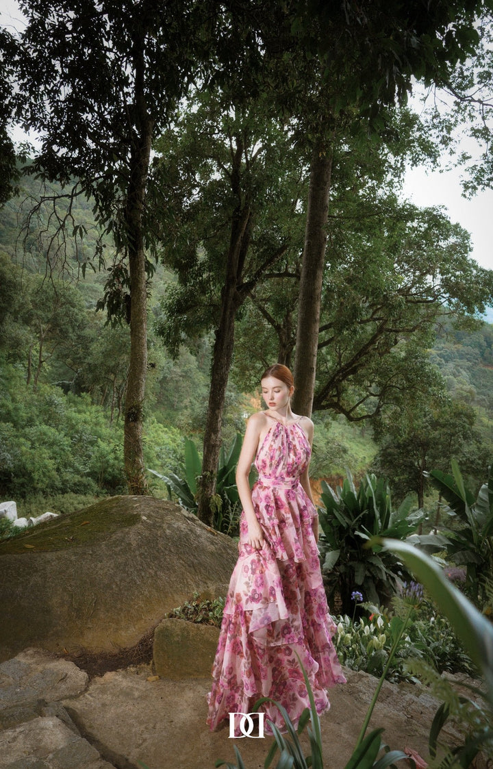 DARLING DIVA Carter Halter Layered Chiffon Maxi Dress