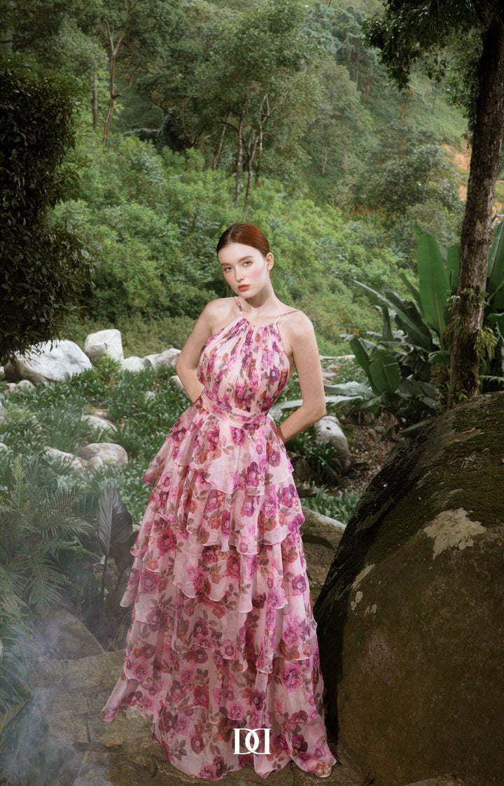 DARLING DIVA Carter Halter Layered Chiffon Maxi Dress