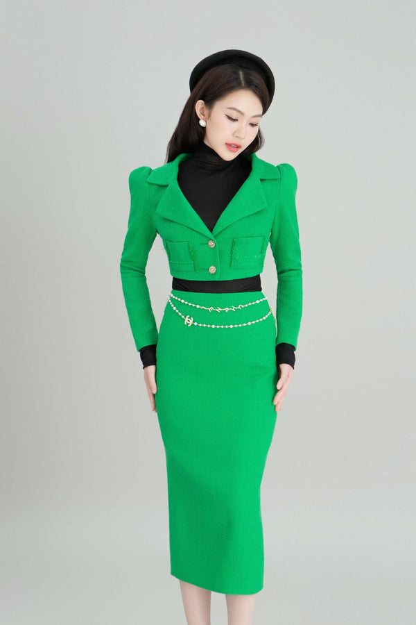 DARLING DIVA Áo Khoác Dài Tay Chất Dạ Thu Đông Ôm Body & Chân Váy Dài Dáng Bút Chì Cùng Chất Dạ Tweet Đứng Form thanh lịch Kathy Set