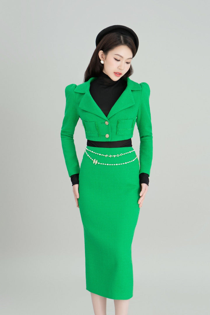 DARLING DIVA Áo Khoác Dài Tay Chất Dạ Thu Đông Ôm Body & Chân Váy Dài Dáng Bút Chì Cùng Chất Dạ Tweet Đứng Form thanh lịch Kathy Set