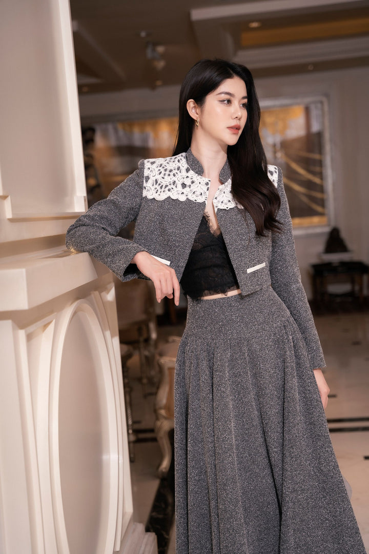 darlingdiva.vn Áo Khoác Dài Tay Dạng Ngắn Ren Ở Cổ &  Chân Váy Dài Xếp Li Jullis Set