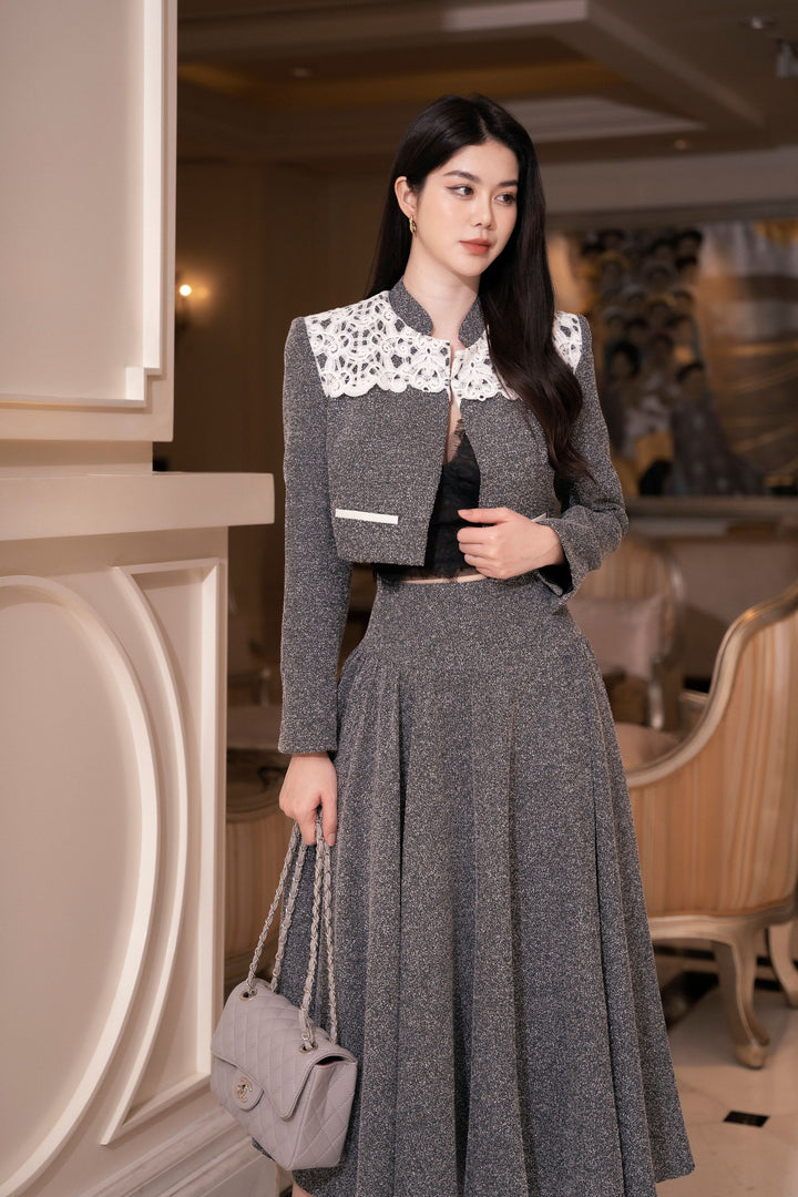 darlingdiva.vn Áo Khoác Dài Tay Dạng Ngắn Ren Ở Cổ &  Chân Váy Dài Xếp Li Jullis Set
