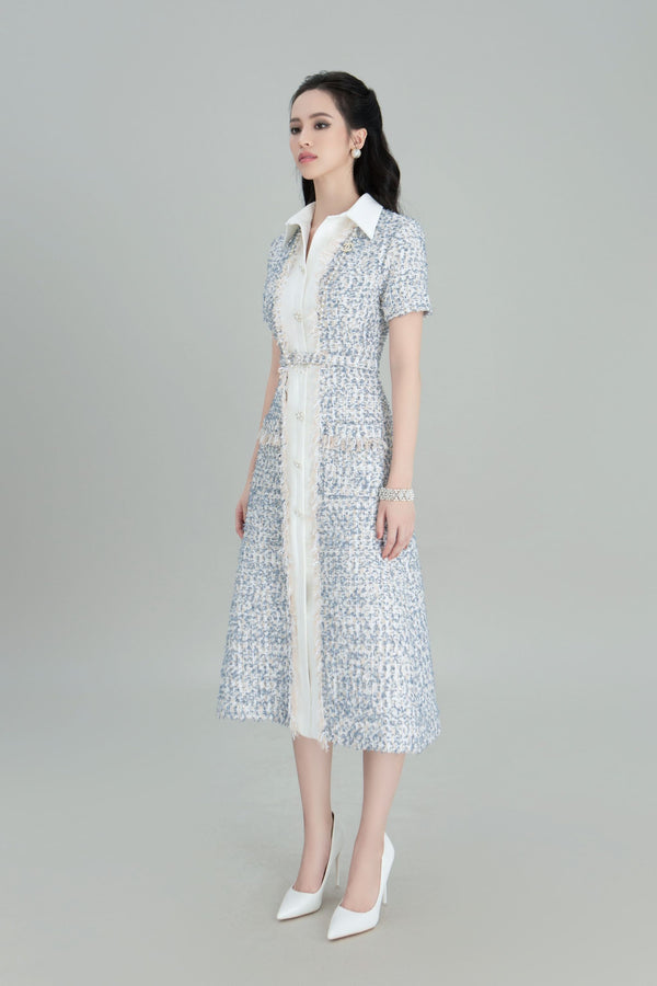 DARLING DIVA Đầm Sơ Mi Dài Tweet Lấp Lánh Thiết Kế Sang Trọng Yuki Dress